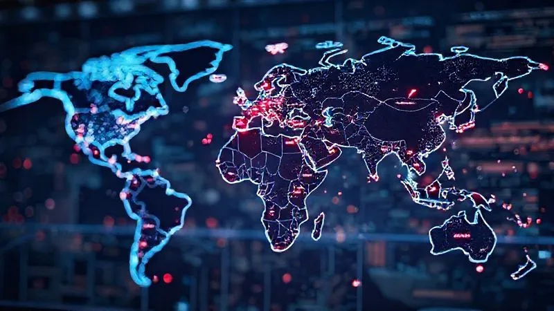 A photorealistic professional photography of a glowing, intricate global supply chain network superimposed on a world map, with specific regions highlighted in subtle red hues indicating potential geopolitical hotspots. The background features a blurred, dynamic visual representation of a complex risk dashboard, 8K, cinematic lighting, sharp focus on the map, depth of field.