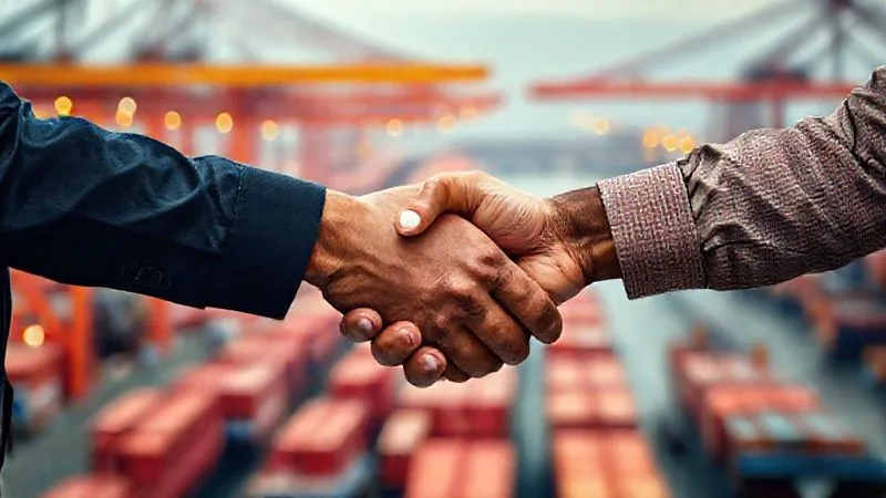 A photorealistic professional photography of two diverse hands, one representing a global corporation and the other a local community/partner, shaking firmly over a blurred background of a bustling international port, symbolizing strong, trusted partnerships in a globalized supply chain. The lighting is warm and reassuring, 8K, cinematic lighting, sharp focus on the handshake, depth of field.