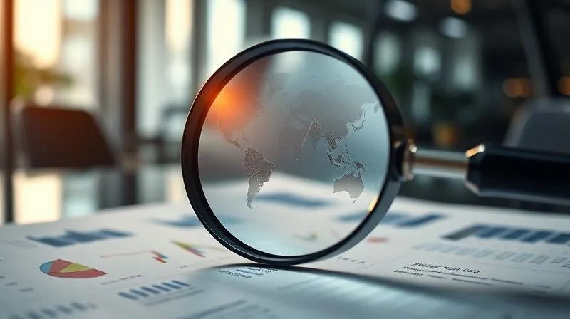 photorealistic, professional photography, 8K, cinematic lighting, sharp focus, depth of field, shot on a high-end DSLR. A detailed, illuminated magnifying glass hovering over a complex global financial report, showing charts, graphs, and blurred text, symbolizing deep financial due diligence in international business. The background is a modern, slightly blurred office environment.