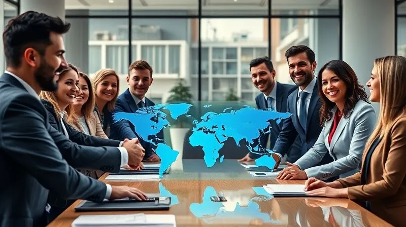 photorealistic, professional photography, 8K, cinematic lighting, sharp focus, depth of field, shot on a high-end DSLR. A diverse group of international business professionals, smiling and shaking hands around a modern conference table with a digital world map display, symbolizing a successful and secure international business deal. The atmosphere is professional and collaborative, with natural light streaming in.