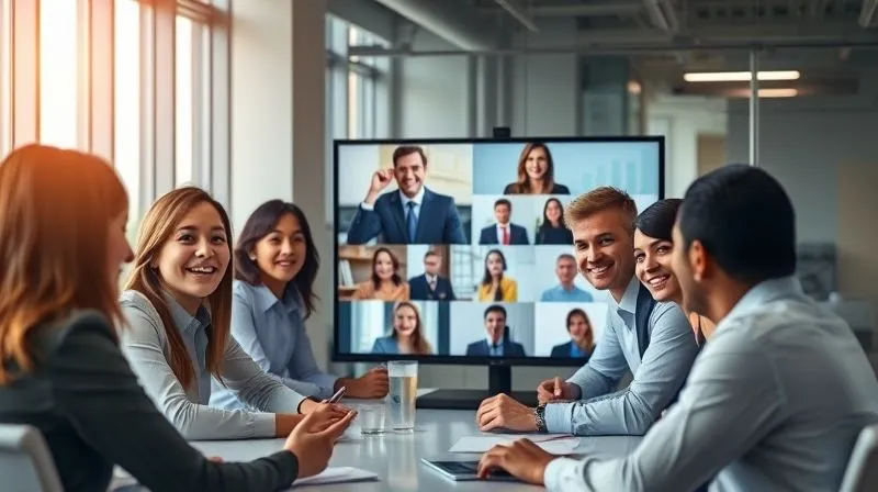 photorealistic, professional photography, 8K, cinematic lighting, sharp focus, depth of field, shot on a high-end DSLR. A diverse group of international business people in a modern, sunlit office, engaged in a positive and collaborative video conference call, with a digital interface showing multiple participants. The scene conveys seamless communication and strong cross-border relationships, with a sense of shared success.