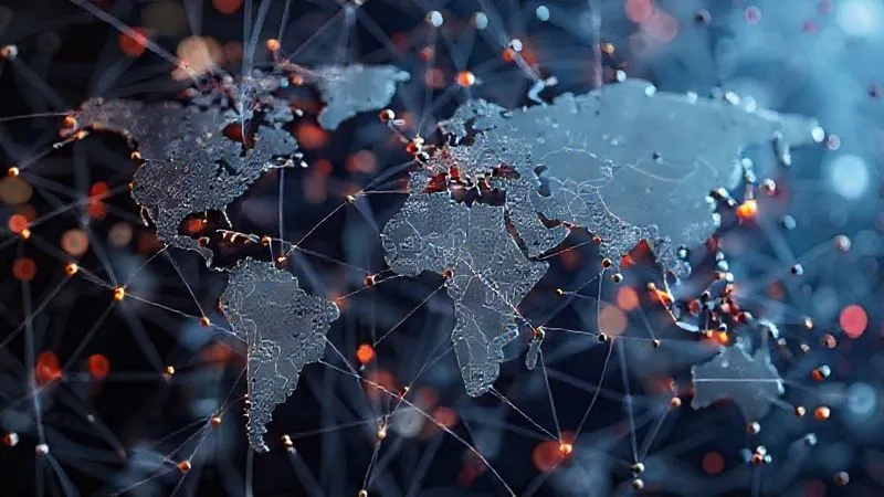 Photorealistic image illustrating a complex, interconnected web of global political factors and economic indicators, with some strands appearing frayed or unstable, while others are strong and interconnected. The visual should convey the idea of macro and micro political risks affecting international business, using subtle color coding to differentiate stability vs. instability. Professional photography, 8K, cinematic lighting, sharp focus, depth of field, shot on a high-end DSLR.