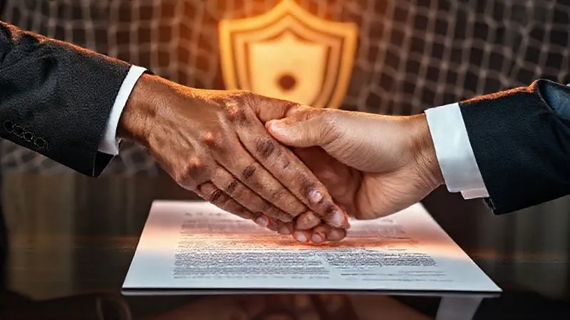 Photorealistic image of two diverse hands (one representing international business, one representing a host nation) firmly shaking over a meticulously drafted legal contract, with a subtle backdrop of a protective shield or a net, symbolizing legal and insurance safeguards against political instability. Professional photography, 8K, cinematic lighting, sharp focus on the hands and contract, depth of field, shot on a high-end DSLR.