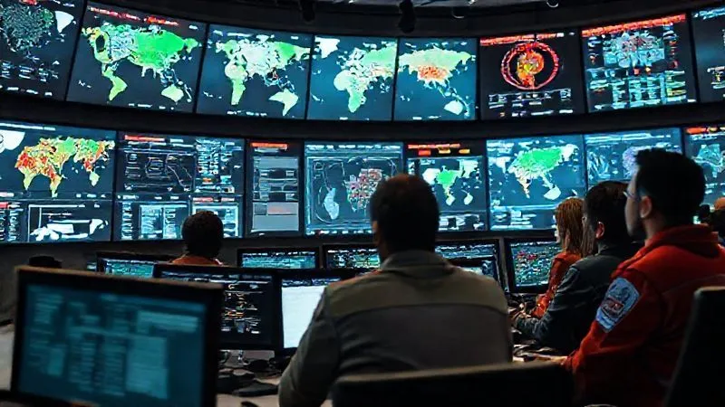 Photorealistic image of a diverse emergency response team in a modern command center, intensely focused on multiple screens displaying real-time global risk maps, communication lines, and operational dashboards. The atmosphere is tense but controlled, emphasizing preparedness and strategic crisis management in the face of political instability. Professional photography, 8K, cinematic lighting, sharp focus, depth of field, shot on a high-end DSLR.