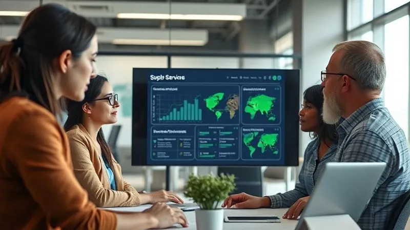 A photorealistic image of a diverse group of supply chain managers and ethical sourcing experts in a modern, collaborative office setting, reviewing a digital dashboard displaying supplier sustainability metrics and risk assessments. The atmosphere is focused and professional, with a sense of proactive problem-solving. Cinematic lighting, sharp focus on the central screen, depth of field, 8K hyper-detailed, professional photography.
