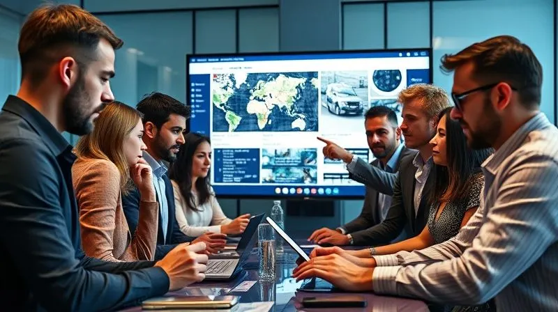 A photorealistic image of a diverse, professional crisis management team gathered around a large screen displaying news feeds and social media trends, their faces reflecting intense focus and determination. One team member is on the phone, another is typing rapidly, and a leader points to a critical data point. The room is modern and high-tech, with a sense of urgency and controlled chaos. Cinematic lighting, sharp focus on the team and screen, depth of field, 8K hyper-detailed, professional photography.