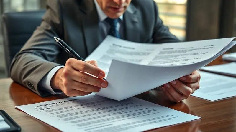 photorealistic, professional photography, 8K, cinematic lighting, sharp focus, depth of field, shot on a high-end DSLR, a person wearing business attire, intently studying a large, open legal document, pointing to specific sections with a pen, with a serious and focused expression, surrounded by other business papers on a polished desk.