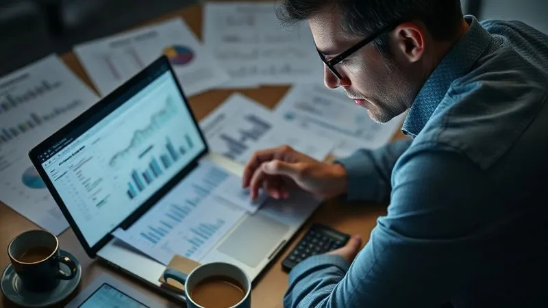 photorealistic, professional photography, 8K, cinematic lighting, sharp focus, depth of field, shot on a high-end DSLR, a person with a focused expression analyzing a complex financial spreadsheet on a laptop, surrounded by printouts of charts and graphs, with a calculator and coffee cup nearby, conveying intense financial scrutiny.