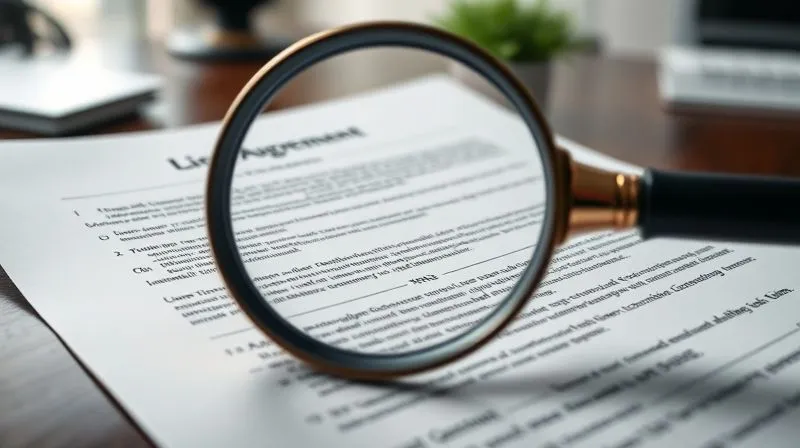 Photorealistic image of a legal document with a magnifying glass hovering over complex clauses, highlighting the importance of detail in a software licensing agreement. The background is a professional office setting with soft, cinematic lighting, 8K, sharp focus.