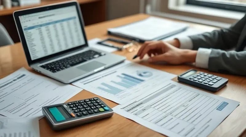Photorealistic image of a professional auditor's desk with financial documents, a laptop displaying a spreadsheet, and a calculator. The scene is well-lit, conveying precision and scrutiny, with a shallow depth of field, 8K, cinematic lighting.