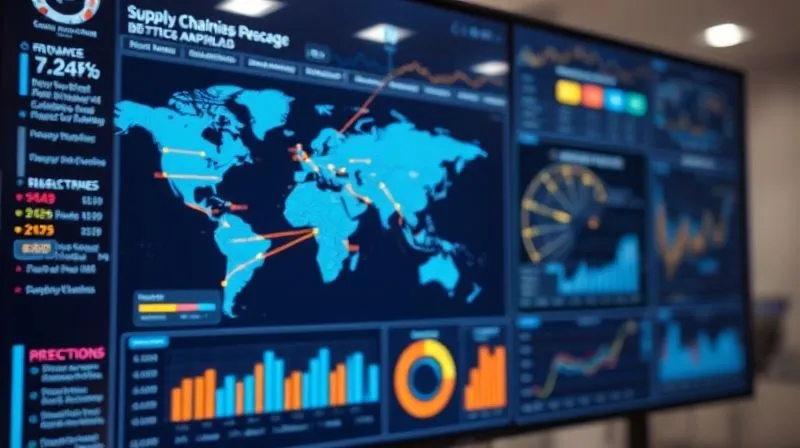 A professional, photorealistic image of a complex digital dashboard displaying real-time supply chain data, global map with glowing routes, risk indicators, and predictive analytics charts. The screen is sharp focus, with a slight depth of field blurring a modern office background, cinematic lighting, 8K hyper-detailed.