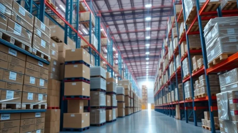 A professional, photorealistic image of a highly organized modern warehouse, with specific sections highlighted or glowing, representing strategic buffer stock. Stacks of neatly arranged boxes, robotic systems moving efficiently, cinematic lighting, sharp focus on the designated buffer areas, depth of field blurring the background, 8K hyper-detailed.
