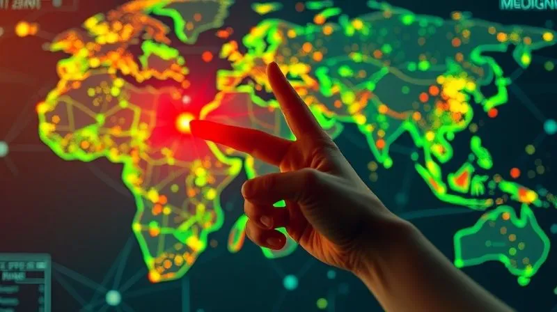 A photorealistic, professional photography, 8K, cinematic lighting, sharp focus, depth of field. A complex digital map of the world with glowing nodes and interconnected lines representing a supply chain. Over certain regions, transparent, colored overlays indicate different levels of geopolitical risk, from green to red. A human hand points to a red zone, emphasizing a critical area of concern.