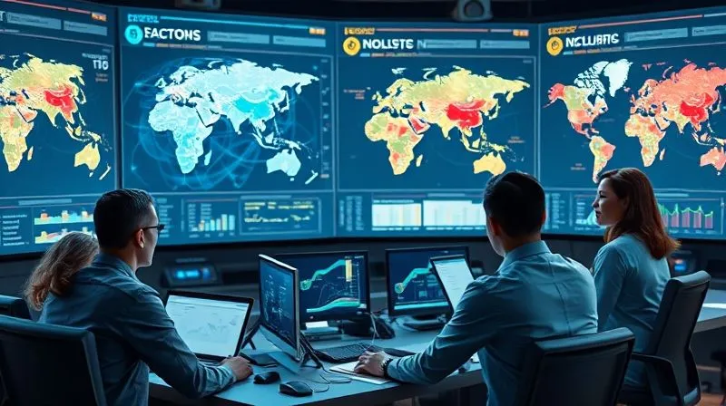 A photorealistic, professional photography, 8K, cinematic lighting, sharp focus, depth of field. A futuristic control room with large holographic screens displaying intricate supply chain maps, real-time data visualizations, and geopolitical heatmaps. A diverse team of logistics professionals is collaboratively analyzing the data, pointing at potential disruption points. The atmosphere is tense but focused, conveying advanced technological oversight.