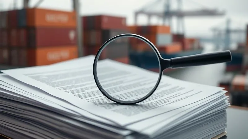 A photorealistic, professional photography, 8K, cinematic lighting, sharp focus, depth of field. A stack of complex legal documents and international trade agreements, with a magnifying glass hovering over a dense section of text. In the background, a subtle, blurred image of global shipping containers, symbolizing the impact of regulations on logistics. The scene evokes meticulous attention to detail and the complexity of global compliance.