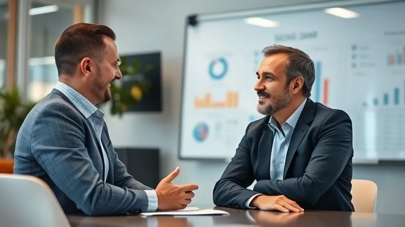 A photorealistic image of a sales manager conducting a one-on-one empathetic conversation with a sales rep in a modern office setting, with a whiteboard in the background showing blurred metrics. Cinematic lighting, sharp focus on their expressions, depth of field, 8K.