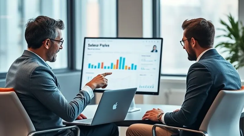 A photorealistic image of a sales manager sitting across from a sales rep, both intently focused on a laptop screen, discussing a sales pipeline or a CRM dashboard. The manager is pointing at the screen, offering guidance. Professional office environment, cinematic lighting, 8K.