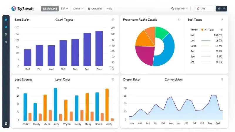 A photorealistic, highly detailed dashboard displaying various sales metrics: a prominent bar chart showing quarterly sales targets vs. actuals, a pie chart for lead sources, and a line graph illustrating conversion rates over time. The dashboard should be clean, modern, and easy to interpret, with cinematic lighting, sharp focus, 8K.