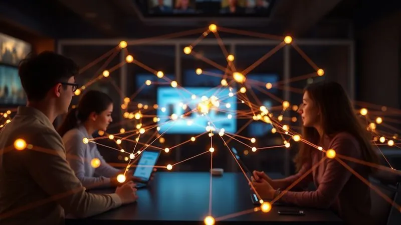 photorealistic, professional photography, 8K, cinematic lighting, sharp focus, depth of field, shot on a high-end DSLR. A dynamic, interconnected digital web of light, emanating from various glowing screens and devices, linking diverse individuals who are collaborating seamlessly across a virtual space. The light forms a cohesive, vibrant network, symbolizing strong connection and shared purpose in a remote team. photorealistic, professional photography, 8K, cinematic lighting, sharp focus, depth of field, shot on a high-end DSLR. A dynamic, interconnected digital web of light, emanating from various glowing screens and devices, linking diverse individuals who are collaborating seamlessly across a virtual space. The light forms a cohesive, vibrant network, symbolizing strong connection and shared purpose in a remote team.