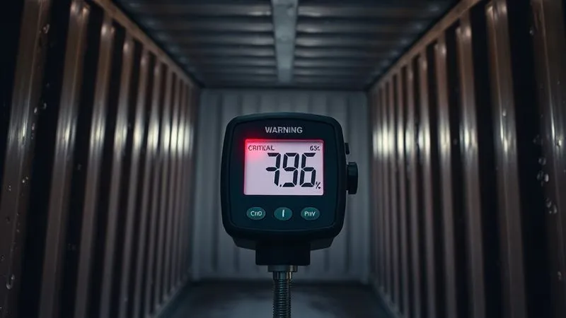 A photorealistic, professional photograph of a digital thermometer inside a shipping container, displaying a critical temperature warning, with condensation on the inner walls. The scene conveys urgency and vulnerability for perishable goods, 8K, cinematic lighting, sharp focus on the thermometer, depth of field, shot on a high-end DSLR. A photorealistic, professional photograph of a digital thermometer inside a shipping container, displaying a critical temperature warning, with condensation on the inner walls. The scene conveys urgency and vulnerability for perishable goods, 8K, cinematic lighting, sharp focus on the thermometer, depth of field, shot on a high-end DSLR.