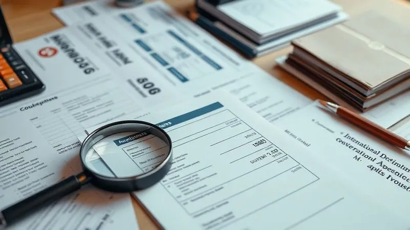 A photorealistic, professional photograph of a desk covered with neatly organized international shipping documents, including customs forms, certificates, and commercial invoices, with a magnifying glass over a critical section. The scene emphasizes meticulous preparation for international trade, 8K, cinematic lighting, sharp focus, depth of field, shot on a high-end DSLR. A photorealistic, professional photograph of a desk covered with neatly organized international shipping documents, including customs forms, certificates, and commercial invoices, with a magnifying glass over a critical section. The scene emphasizes meticulous preparation for international trade, 8K, cinematic lighting, sharp focus, depth of field, shot on a high-end DSLR.