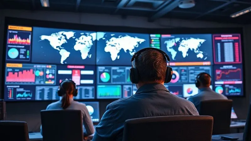 A photorealistic, professional photograph of a modern logistics control room, featuring multiple large screens displaying real-time global shipping routes, IoT sensor data (temperature, location), and predictive analytics dashboards. Operators in headsets are intently monitoring, conveying high-tech oversight and proactive management, 8K, cinematic lighting, sharp focus, depth of field, shot on a high-end DSLR. A photorealistic, professional photograph of a modern logistics control room, featuring multiple large screens displaying real-time global shipping routes, IoT sensor data (temperature, location), and predictive analytics dashboards. Operators in headsets are intently monitoring, conveying high-tech oversight and proactive management, 8K, cinematic lighting, sharp focus, depth of field, shot on a high-end DSLR.