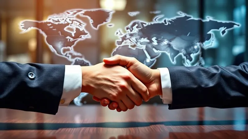 A photorealistic, professional photograph of two business people shaking hands across a table, with a blurred map of global trade routes in the background. The handshake is in sharp focus, conveying trust and strong partnership in international business, 8K, cinematic lighting, depth of field, shot on a high-end DSLR. A photorealistic, professional photograph of two business people shaking hands across a table, with a blurred map of global trade routes in the background. The handshake is in sharp focus, conveying trust and strong partnership in international business, 8K, cinematic lighting, depth of field, shot on a high-end DSLR.