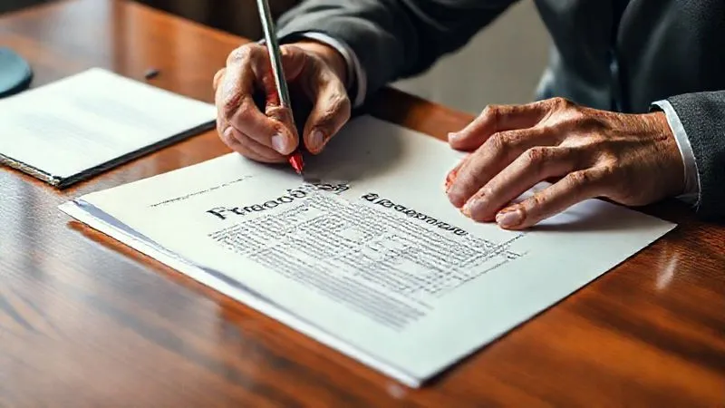 Photorealistic image of a person's hands meticulously reviewing a thick legal document titled 'Franchise Agreement,' with a red pen and highlighter on a polished wooden desk. Cinematic lighting, sharp focus on the document, depth of field blurring the background. Professional photography, 8K, shot on a high-end DSLR.