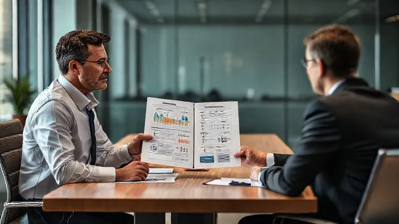 Photorealistic image of a person presenting a well-organized financial proposal document with charts and bullet points to another person across a modern office table. Both are dressed professionally, with a serious yet constructive atmosphere. Cinematic lighting, sharp focus on the proposal, depth of field blurring the background. Professional photography, 8K, shot on a high-end DSLR.