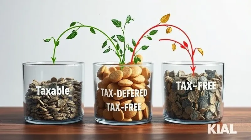 A photorealistic infographic showing three distinct financial containers labeled "Taxable," "Tax-Deferred," and "Tax-Free," with different types of investments (e.g., growth stocks in Roth, bonds in Traditional IRA) flowing into them, symbolizing optimal asset location for tax efficiency. professional photography, 8K, cinematic lighting, sharp focus, depth of field, shot on a high-end DSLR.