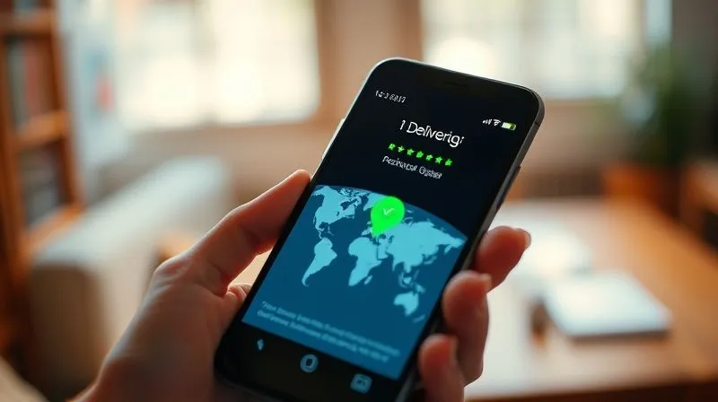 A photorealistic, professional photography, 8K, cinematic lighting, sharp focus, depth of field, shot on a high-end DSLR of a smartphone screen displaying a sleek, modern e-commerce package tracking interface with a green checkmark indicating 'Delivered' and a map showing the package's journey. The phone is held by a hand, slightly blurred in the foreground, with a warm, inviting background. A photorealistic, professional photography, 8K, cinematic lighting, sharp focus, depth of field, shot on a high-end DSLR of a smartphone screen displaying a sleek, modern e-commerce package tracking interface with a green checkmark indicating 'Delivered' and a map showing the package's journey. The phone is held by a hand, slightly blurred in the foreground, with a warm, inviting background.