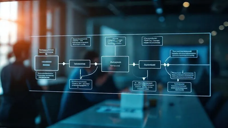 Photorealistic, professional photography, 8K, cinematic lighting, sharp focus, depth of field, shot on a high-end DSLR. A detailed, modern business process flow diagram illuminated by soft, strategic light on a large digital display, showing interconnected stages and decision points, with a blurred background of a collaborative team working. Photorealistic, professional photography, 8K, cinematic lighting, sharp focus, depth of field, shot on a high-end DSLR. A detailed, modern business process flow diagram illuminated by soft, strategic light on a large digital display, showing interconnected stages and decision points, with a blurred background of a collaborative team working.