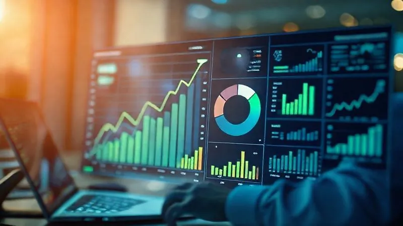 Photorealistic, professional photography, 8K, cinematic lighting, sharp focus, depth of field, shot on a high-end DSLR. A sophisticated digital dashboard displaying various business growth metrics, including a rising line graph, a pie chart showing market share, and bar charts for operational efficiency, all glowing with soft blue and green light, with a blurred background of a data analyst at work. Photorealistic, professional photography, 8K, cinematic lighting, sharp focus, depth of field, shot on a high-end DSLR. A sophisticated digital dashboard displaying various business growth metrics, including a rising line graph, a pie chart showing market share, and bar charts for operational efficiency, all glowing with soft blue and green light, with a blurred background of a data analyst at work.