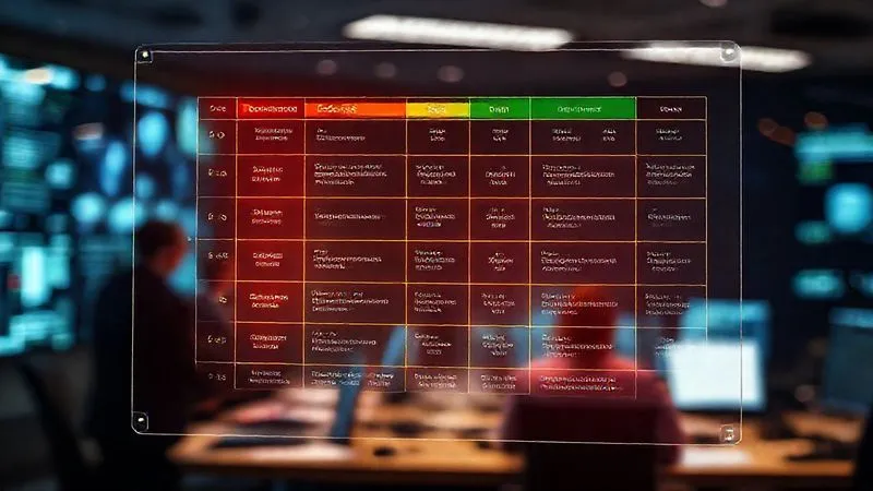 Photorealistic, professional photography, 8K, cinematic lighting, sharp focus, depth of field, shot on a high-end DSLR. A glowing digital risk assessment matrix on a transparent screen, showing various risk levels (red, yellow, green) and mitigation strategies, with a blurred background of business professionals in a control room setting. Photorealistic, professional photography, 8K, cinematic lighting, sharp focus, depth of field, shot on a high-end DSLR. A glowing digital risk assessment matrix on a transparent screen, showing various risk levels (red, yellow, green) and mitigation strategies, with a blurred background of business professionals in a control room setting.