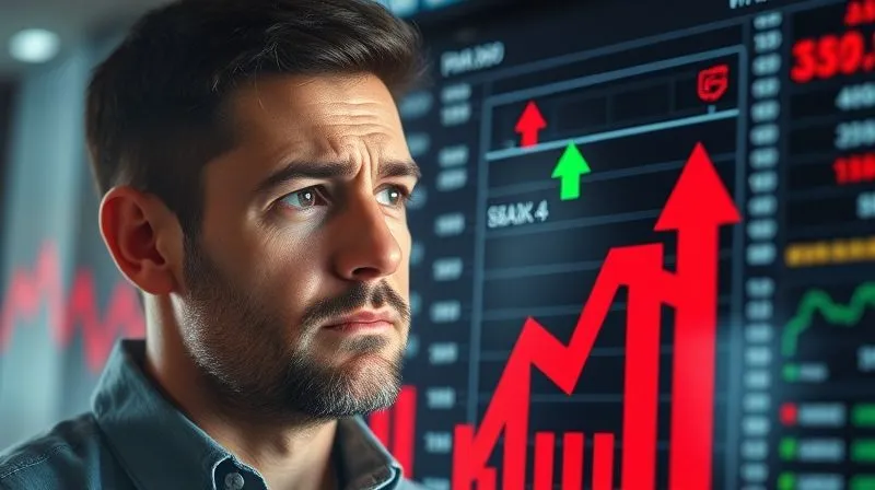 Photorealistic image of a business owner, slightly stressed but determined, looking at a complex digital financial dashboard with red downward arrows and a small green upward arrow, symbolizing challenge and opportunity. Cinematic lighting, sharp focus on the dashboard, depth of field blurring the background, 8K hyper-detailed, professional photography, shot on a high-end DSLR.