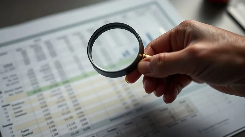 A photorealistic image of a hand holding a magnifying glass over a detailed financial spreadsheet, highlighting specific numbers and trends. The background is a slightly blurred office setting, conveying intense focus and scrutiny. Cinematic lighting, sharp focus on the spreadsheet, depth of field blurring the background, 8K hyper-detailed, professional photography, shot on a high-end DSLR.