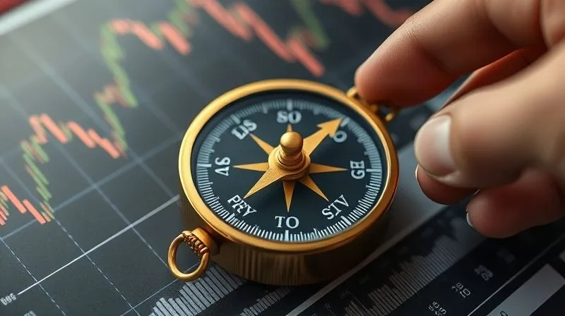 A photorealistic image of a vintage brass compass pointing towards multiple directions on a blurred financial chart, with a hand gently guiding it. The scene conveys strategic navigation through uncertain economic waters. Cinematic lighting, sharp focus on the compass, depth of field blurring the background, 8K hyper-detailed, professional photography, shot on a high-end DSLR.