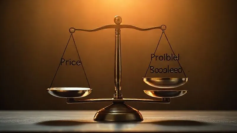 photorealistic, professional photography, 8K, cinematic lighting, sharp focus, depth of field, shot on a high-end DSLR, a meticulously crafted diagram depicting a balancing scale, with 'Price' on one side and 'Value, ROI, Problem Solved' on the other, the 'Value' side is clearly heavier and lower, symbolizing its dominance, subtle glow around the value side.