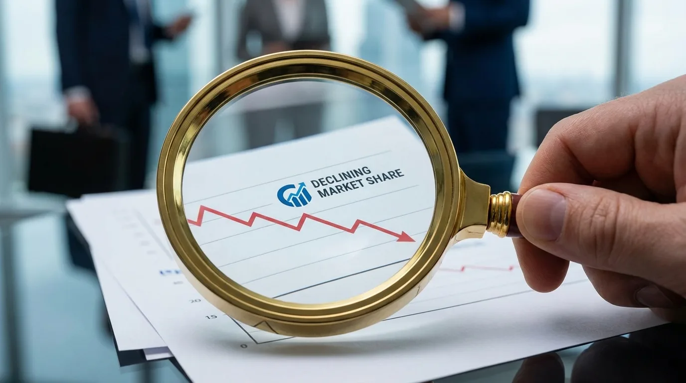 photorealistic, professional photography, 8K, cinematic lighting, sharp focus, depth of field, close-up of a magnifying glass focusing on a graph showing declining market share. In the background, blurry figures representing competitors are gaining ground.