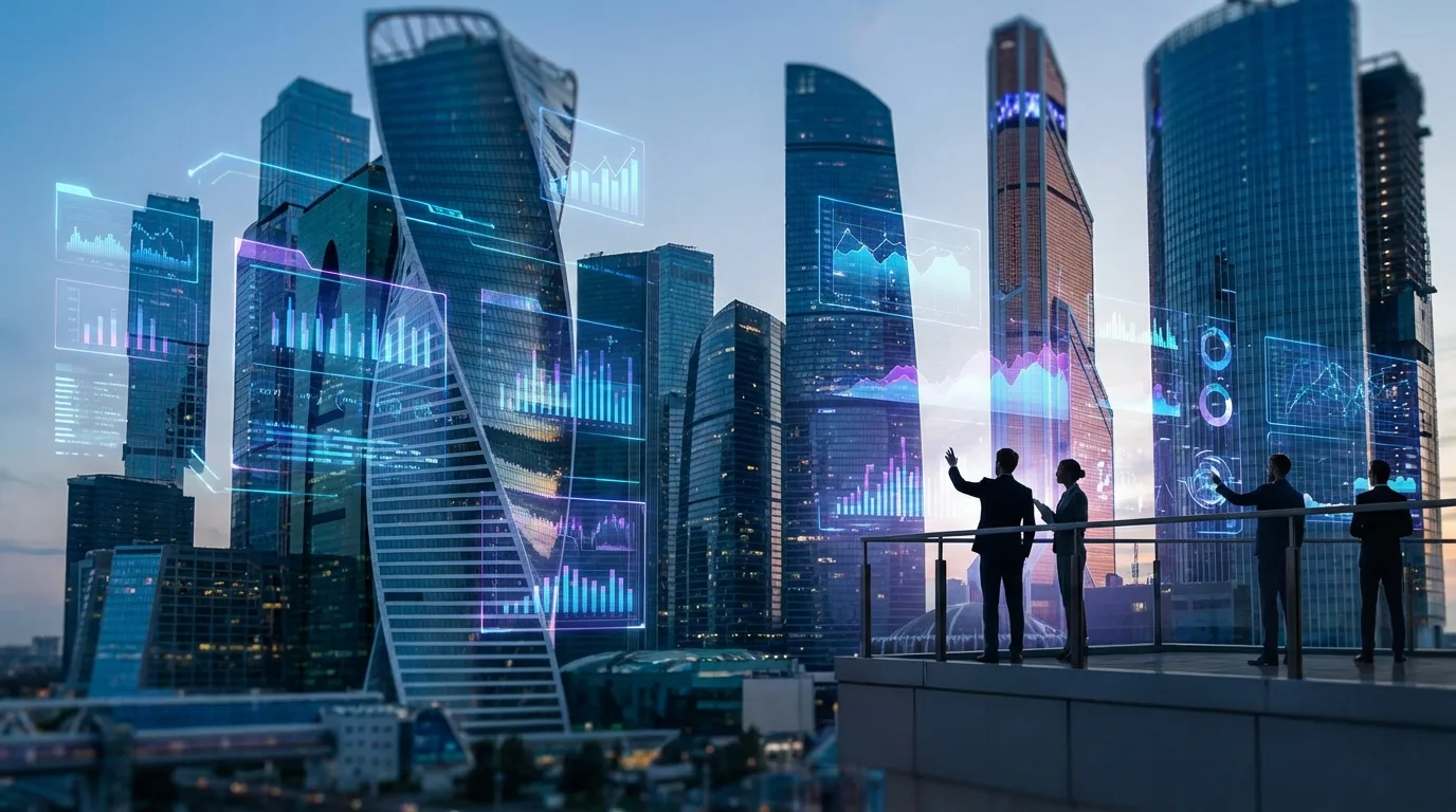 photorealistic, professional photography, 8K, cinematic lighting, sharp focus, depth of field, a futuristic cityscape with holographic projections of data and analytics flowing around. Figures representing business people are interacting with the data.
