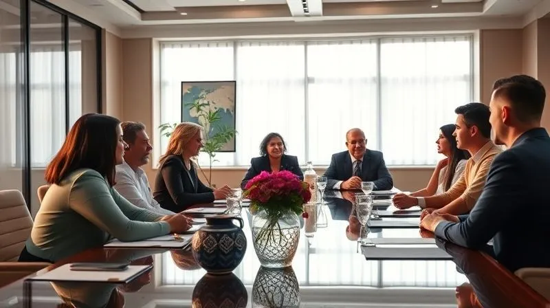 Photorealistic, professional photography, 8K, cinematic lighting, sharp focus, depth of field, shot on a high-end DSLR: A diverse group of business professionals in a modern, sunlit boardroom, actively listening, making eye contact, and collaborating around a large table. Subtle cultural symbols are incorporated into the room's decor, such as a traditional pattern on a vase or a globally-inspired artwork, suggesting a harmonious blend of international perspectives. The atmosphere is one of mutual respect and engaged discussion.