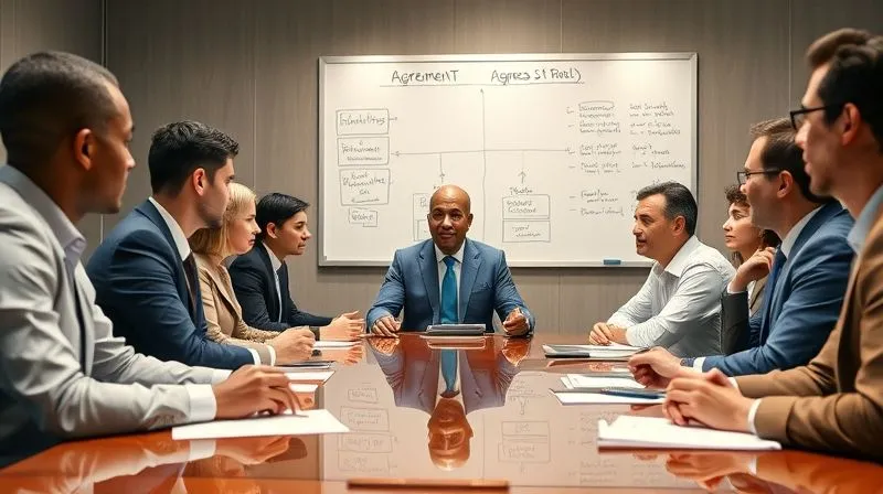 Photorealistic, professional photography, 8K, cinematic lighting, sharp focus, depth of field, shot on a high-end DSLR: A diverse group of business professionals around a polished conference table, with a neutral, professional mediator seated at the head, facilitating discussion. A whiteboard in the background shows diagrams of compromise, shared interests, and agreement points. The participants are engaged, some taking notes, others listening intently, with an atmosphere of constructive dialogue and progress towards resolution.