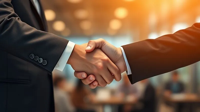 A photorealistic image of two business people shaking hands over a blurred background of a successful project, symbolizing trust and agreement. Cinematic lighting, sharp focus on the handshake, depth of field. 8K hyper-detailed, professional photography.