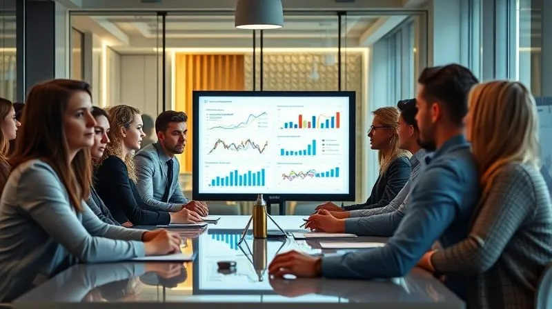 A photorealistic image of a diverse sales team collaborating around a modern conference table, reviewing performance metrics on a large screen. They appear engaged and focused on strategy. Cinematic lighting, sharp focus on the team, depth of field. 8K hyper-detailed, professional photography.