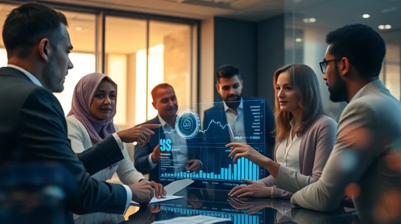 A photorealistic image of a diverse group of business professionals in a modern meeting room, intensely collaborating around a glowing holographic data visualization, pointing at key metrics and discussing strategies. Cinematic lighting, sharp focus on the group and the data, depth of field blurring the background. 8K hyper-detailed, shot on a high-end DSLR. A photorealistic image of a diverse group of business professionals in a modern meeting room, intensely collaborating around a glowing holographic data visualization, pointing at key metrics and discussing strategies. Cinematic lighting, sharp focus on the group and the data, depth of field blurring the background. 8K hyper-detailed, shot on a high-end DSLR.