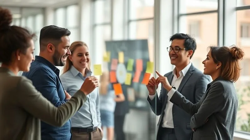 A photorealistic image of a diverse group of professionals actively collaborating in a bright, modern workshop setting. They are engaged in a design thinking exercise, using sticky notes on a large glass board, smiling and interacting. Cinematic lighting, sharp focus on the group, depth of field blurring the background, 8K hyper-detailed, shot on a high-end DSLR.