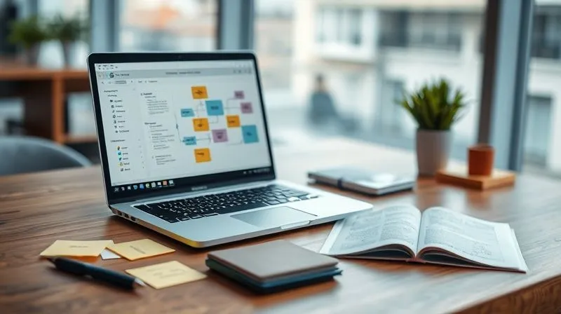 A photorealistic image of a seamless integration of digital and physical tools on a modern desk, representing design thinking processes flowing naturally into existing workflows. A laptop displays a user journey map, while sticky notes and sketches are neatly organized beside it, showing harmony between old and new methods. Cinematic lighting, sharp focus on the desk, depth of field blurring the background, 8K hyper-detailed, shot on a high-end DSLR.