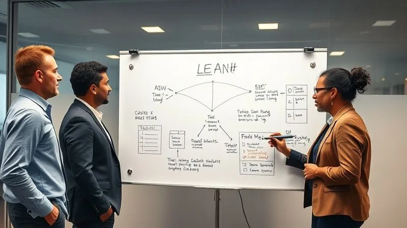 A photorealistic image of a diverse group of executives and team leads standing around a large, transparent whiteboard, collaboratively sketching out a clear strategic vision for lean implementation. Cinematic lighting highlights their focused expressions and the clear, concise diagram on the board. 8K hyper-detailed, professional photography, sharp focus, depth of field, shot on a high-end DSLR.
