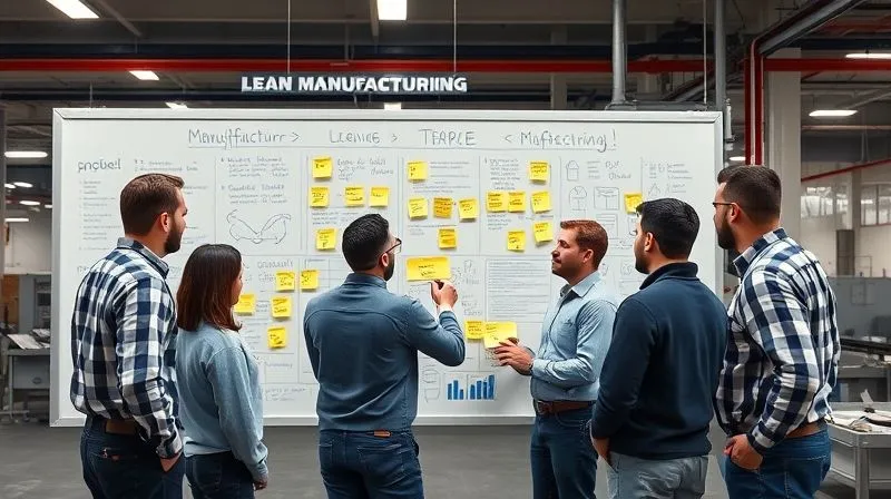 A photorealistic image of a diverse team of factory workers and engineers, intensely collaborating around a large whiteboard covered with sticky notes, flowcharts, and diagrams related to a lean manufacturing process. They are actively discussing, pointing, and writing, with a sense of shared purpose and engagement. Professional photography, 8K, cinematic lighting, sharp focus, depth of field, shot on a high-end DSLR.
