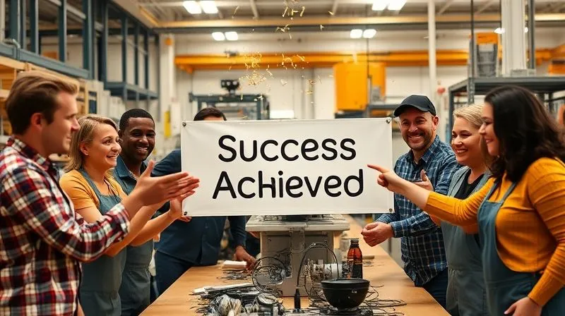 A photorealistic image of a diverse manufacturing team enthusiastically gathered around a newly installed, highly organized lean workstation. They are smiling, giving high-fives, and pointing to a 'Success Achieved' banner. Confetti is gently falling, and the scene is bathed in warm, celebratory cinematic lighting, capturing a moment of collective achievement. 8K hyper-detailed, professional photography, sharp focus, depth of field, shot on a high-end DSLR.